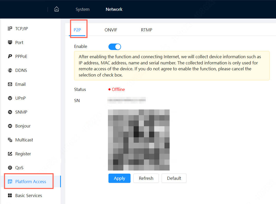 Platform Access, P2P einschalten (Seriennummer und QR-Code hier unkenntlich gemacht)
