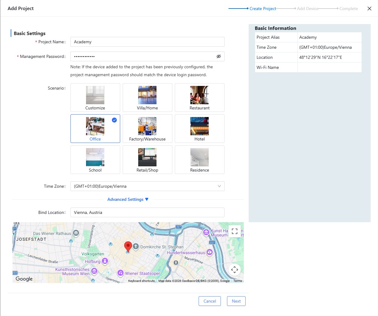 Projekt anlegen: Name, Management-Passwort, Szenario, Zeitzone und Standort