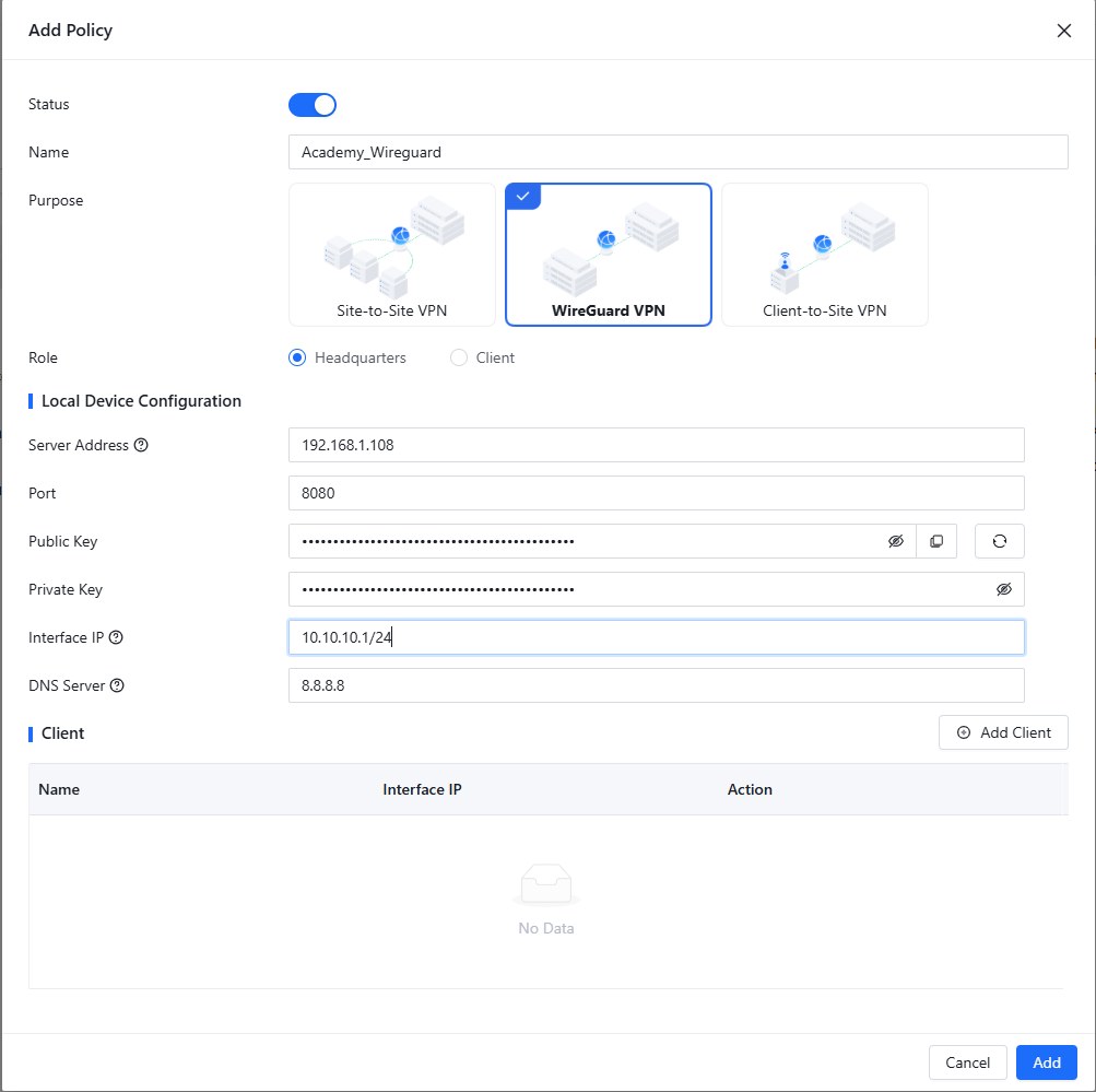 Add Policy: Purpose WireGuard VPN, Role Headquarters, Server-Adresse, Port und Interface IP (Beispielwerte)