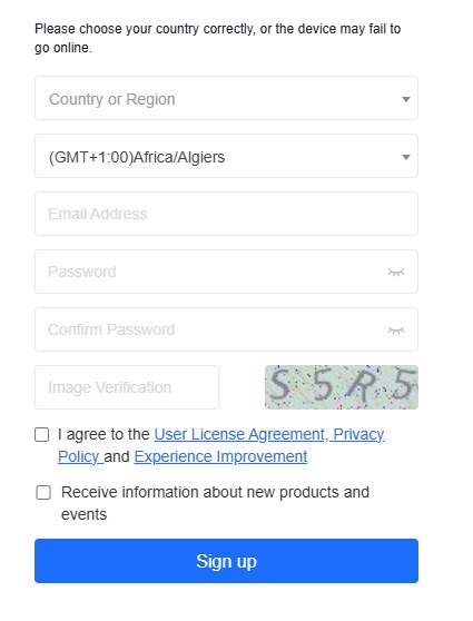 Registrierung: zuerst Land und Zeitzone wählen, dann E-Mail-Adresse und Passwort