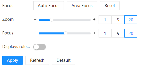 Zoom und Fokus: Auto Focus, Area Focus, Reset und Schieberegler