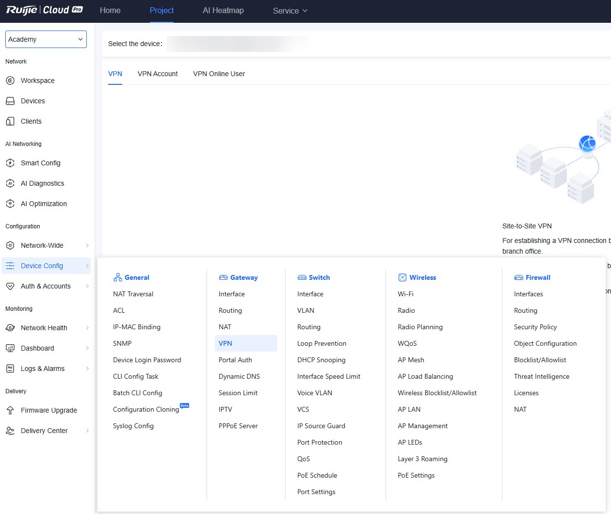 Ruijie Cloud: Device Config > Gateway > VPN