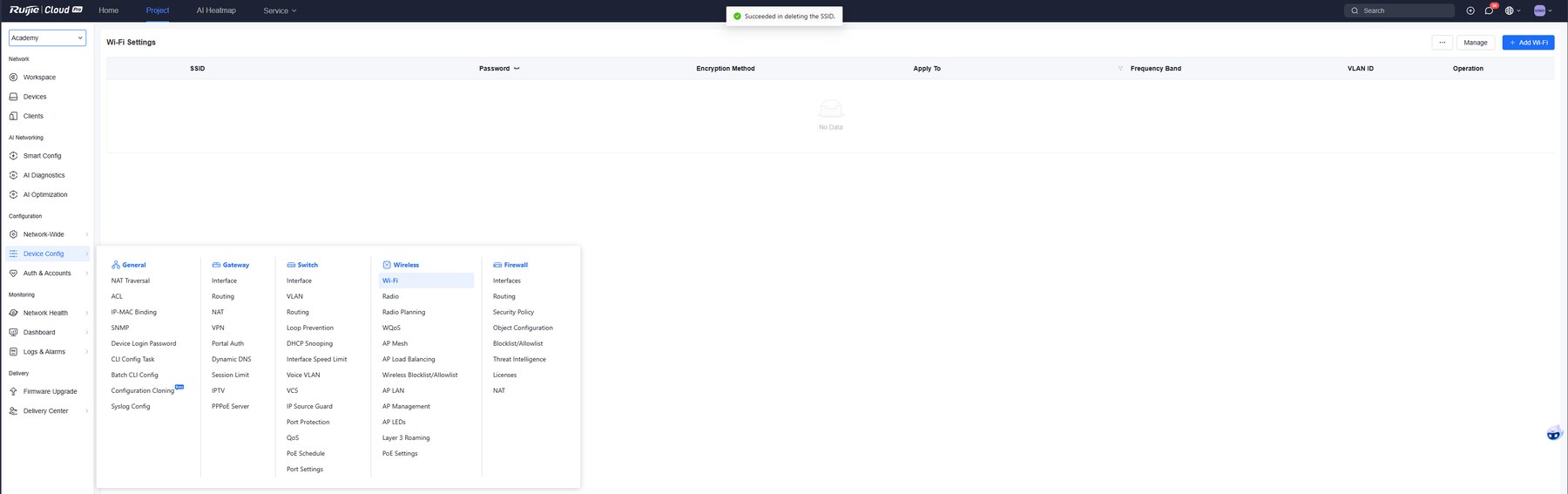 Ruijie Cloud: Device Config mit den Bereichen Gateway, Switch (u. a. VLAN) und Wireless