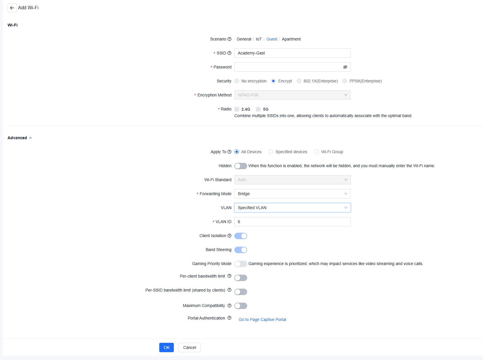 Gast-WLAN in Ruijie Cloud: Scenario Guest, Specified VLAN mit VLAN-ID, Client Isolation