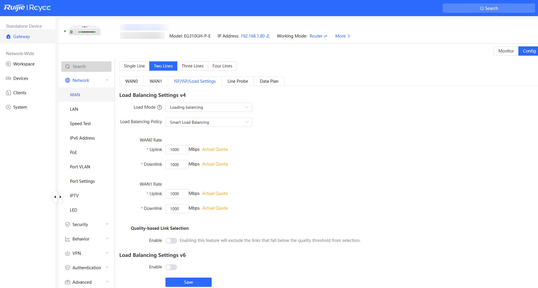 Load Settings: Load Mode, Load Balancing Policy, Bandbreite je Leitung und Quality-based Link Selection