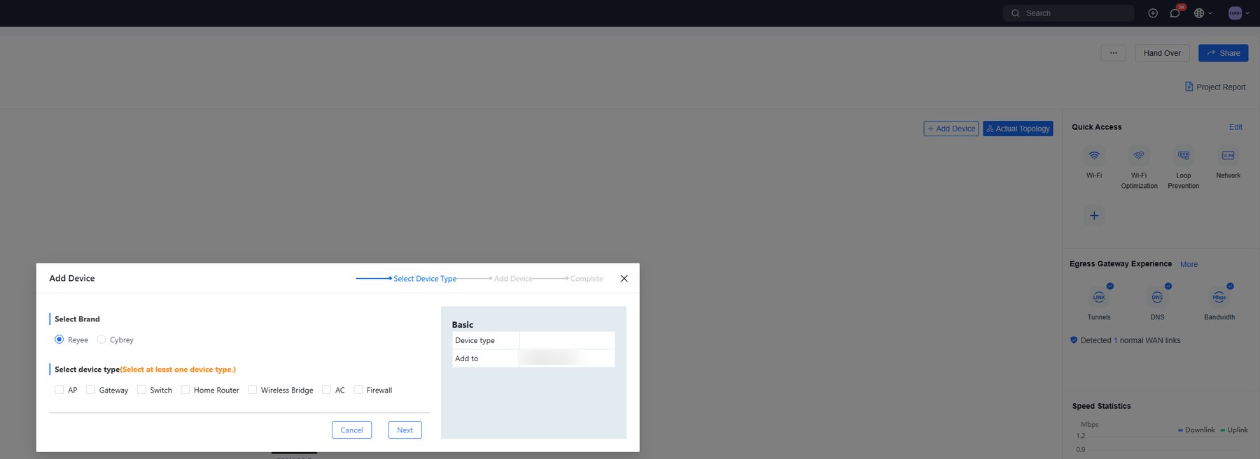 Im Projekt: + Add Device, dann Marke und Gerätetyp wählen